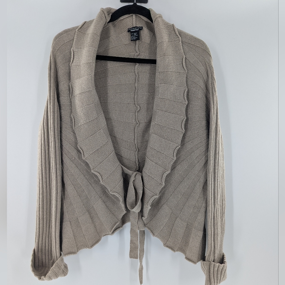 Doncaster Collection 100% Merino Wool Ruffle Cardigan Wrap Sweater Tan Large